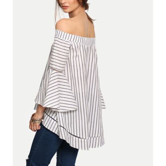 Striped Off The Shoulder Ruffle Bell Sleeve Blouse White Navy Womens Size Small - Picture 3 of 10